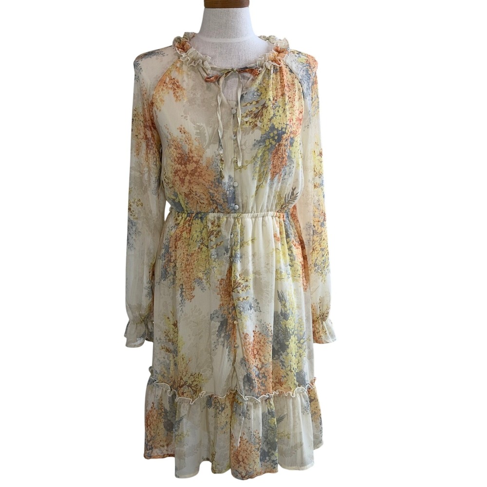Romantic Feminine Boho INDIGO ROSE Floral Dress Size M Ruffle Cottage Flowy Knee
